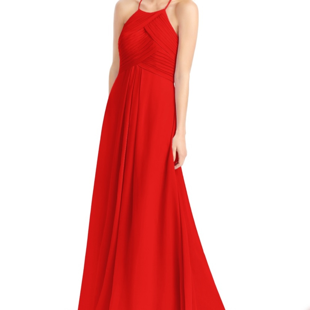 Azazie Red Halter Pleated Bodice Evening Gown